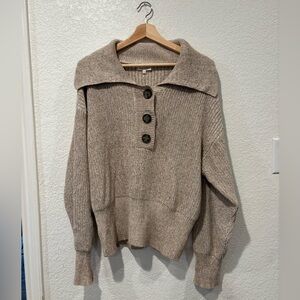 Aaron & Amber Knit Sweater Shawl Collar Button Pullover Neutral Tan 100% cotton